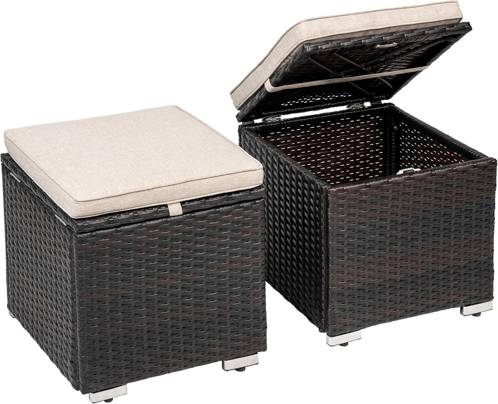 NUU GARDEN Outdoor 2 Piece Outdoor Patio Ottoman, All Weather Rattan Wicker Ottoman Seat, Outdoor Footstool Footrest Seat with Removable Cushion, for Patio, Backyard, Side Table, Black and Beige