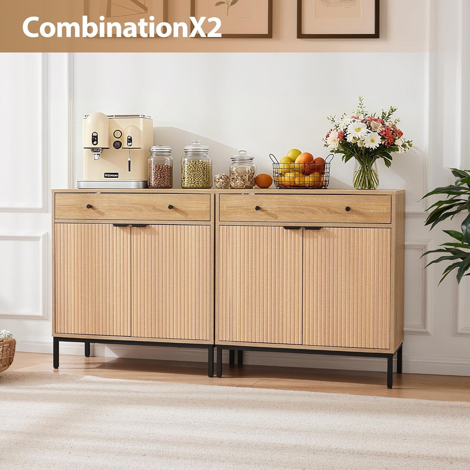 31 inch Sideboard Buffet Cabinet with Drawer, Modern Fluted Credenza with 2 Doors & Adjustable Shelf, Small Coffee Bar Storage for Kitchen, Entryway