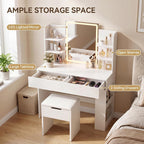 YESHOMY 35.4 Inch Vanity Desk Set with LED Mirror and Lights, Modern White | Makeup Vanity Set with 2 Drawers, Side Shelves, Storage Bench, Open Shelves and 3 Color Lighting Modes