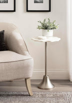 Kate and Laurel Sanzo Modern Pedestal Round Side Table, 14 x 14 x 24, White Marble and Silver, Decorative Circle End Table with Scalloped Marble Tabletop for Indoor Plant Stand or Bedroom Nightstand