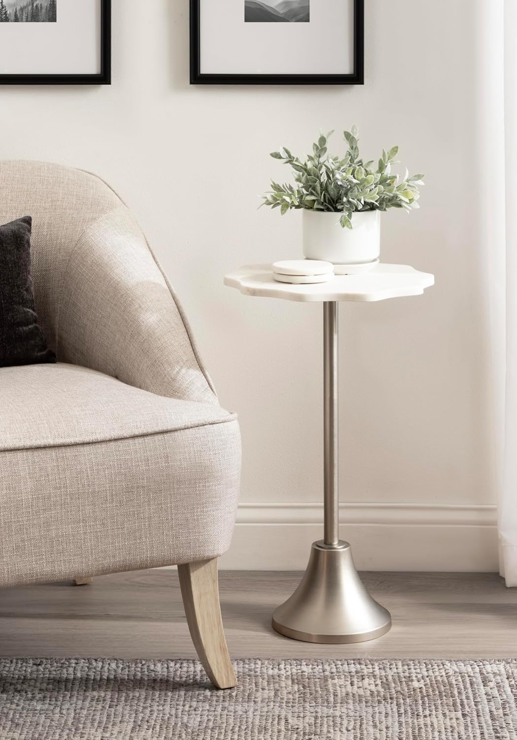 Kate and Laurel Sanzo Modern Pedestal Round Side Table, 14 x 14 x 24, White Marble and Silver, Decorative Circle End Table with Scalloped Marble Tabletop for Indoor Plant Stand or Bedroom Nightstand