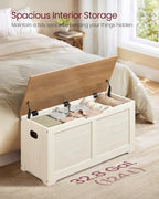 VASAGLE Storage Chest, 39.4 Inches Width Bench with 2 Safety Hinges | Farmhouse Style, for Entryway, Bedroom, Living Room, Rustic White and Honey Brown, SOFIE Collection ULSB061WJ01