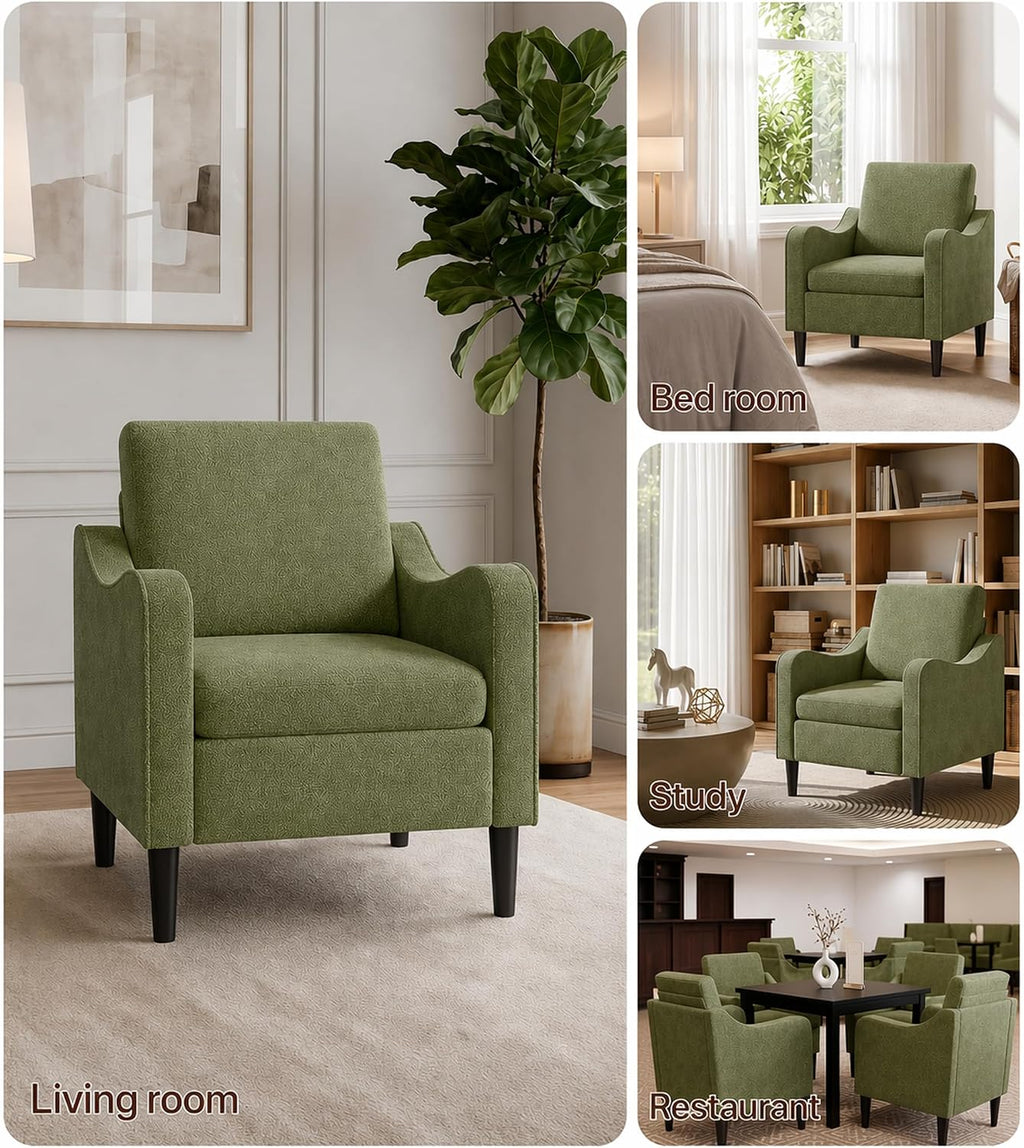 LEVELEVE Accent Arm Chair – Olive Green, Upholstered Scooped Comfy Reading Chair for Living Room, Bedroom, Apartment, Waiting Room