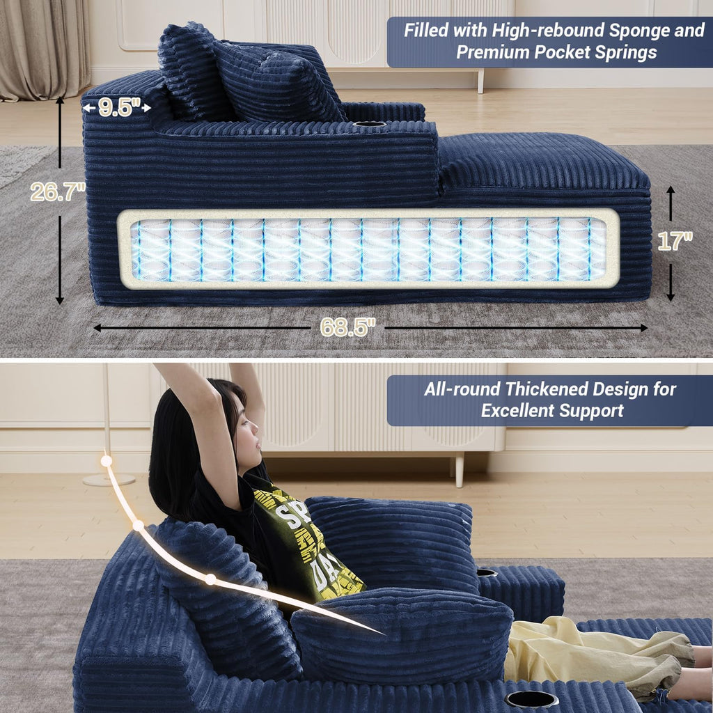 50" x 68" Corduroy Chaise Lounge, Cup Holders, Blue | Oversized corduroy chaise with a deep sleeper seat, built-in cup holders, and 3 pillows for reading, lounging, or naps.