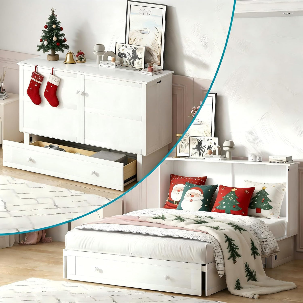 BALUS Murphy Cabinet Bed, Queen Chest Bed with USB Charging Station and Large Storage Drawers, Folding Cabinet Beds Space-Saving for Guest Room, Home, Office, White