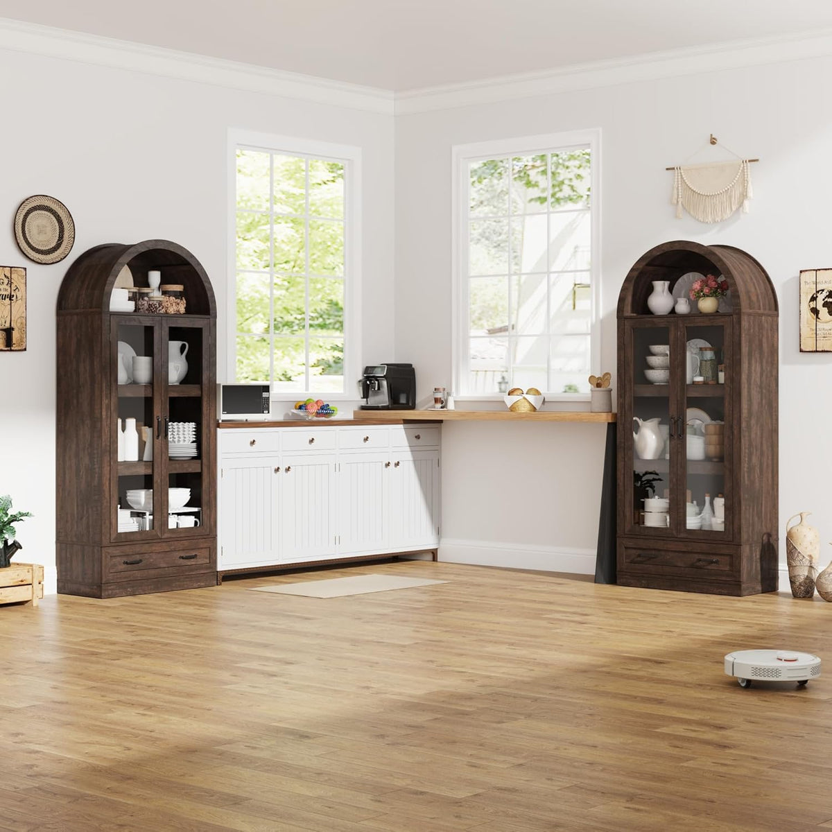 75" Tall Arched Kitchen Pantry Cabinet w Load-Bearing Steel Pipe,Modern Farmhouse Kitchens Storage Cabinet with Drawer and Glass Doors,Tall Arched Bookcase,Pantry Organizer(Rustic Brown)