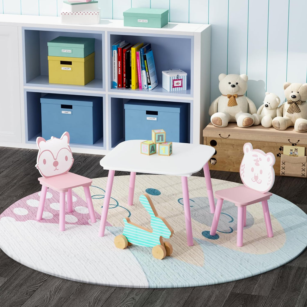 Kids Table and Chair Set 3-Piece Wooden Toddler Desk with Animal Backrest Pink and White Activity Table for Drawing Learning Playroom or Nursery
