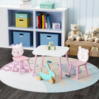 Kids Table and Chair Set 3-Piece Wooden Toddler Desk with Animal Backrest Pink and White Activity Table for Drawing Learning Playroom or Nursery