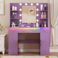 HUANLEGO Vanity Desk with Mirror and Lights, Makeup Vanity with Mirror and LED Lights & Power Outlet, 3 Drawers and Cabinets, 3 Lighting Modes Dressing Table Set for Girls Women Bedroom,Purple