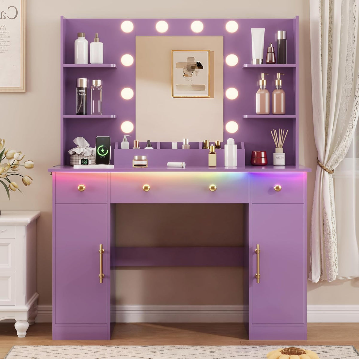 HUANLEGO Vanity Desk with Mirror and Lights, Makeup Vanity with Mirror and LED Lights & Power Outlet, 3 Drawers and Cabinets, 3 Lighting Modes Dressing Table Set for Girls Women Bedroom,Purple