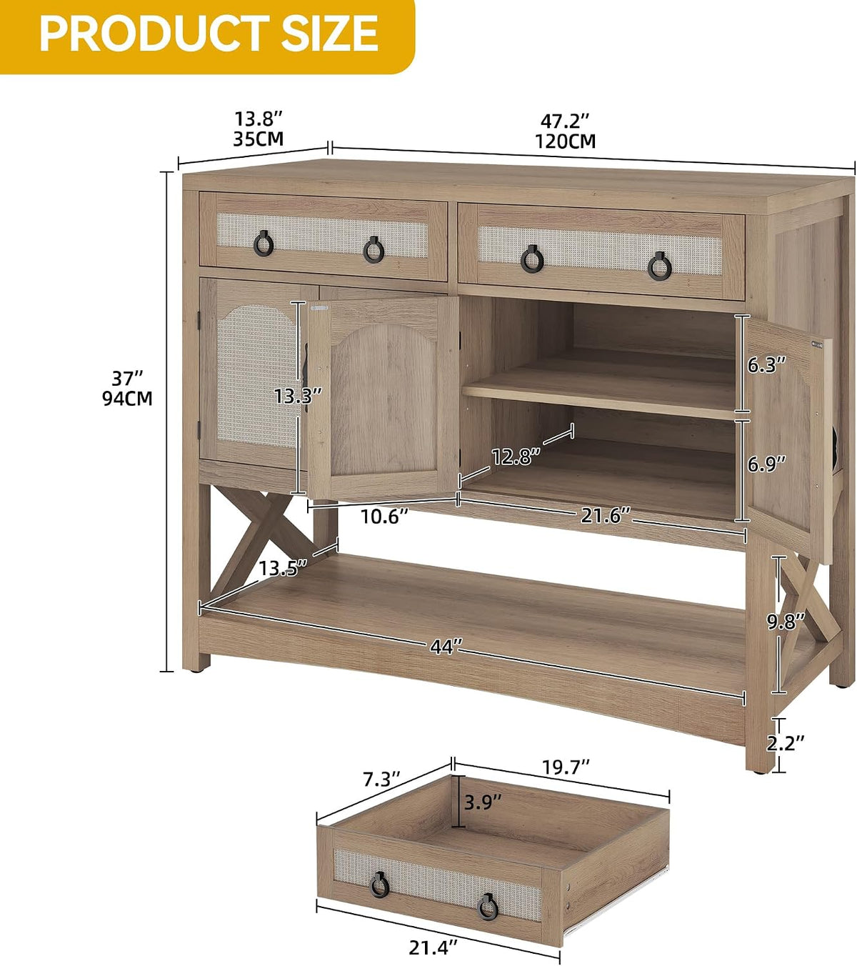 DWVO 47.2" Rattan Buffet Sideboard Cabinet with Storage, Farmhouse Coffee Bar Cabinet w/2 Drawers, 4-Doors Console Table with Adjustable Shelves for Kitchen, Dining Room, Living Room, Entryway (Oak)