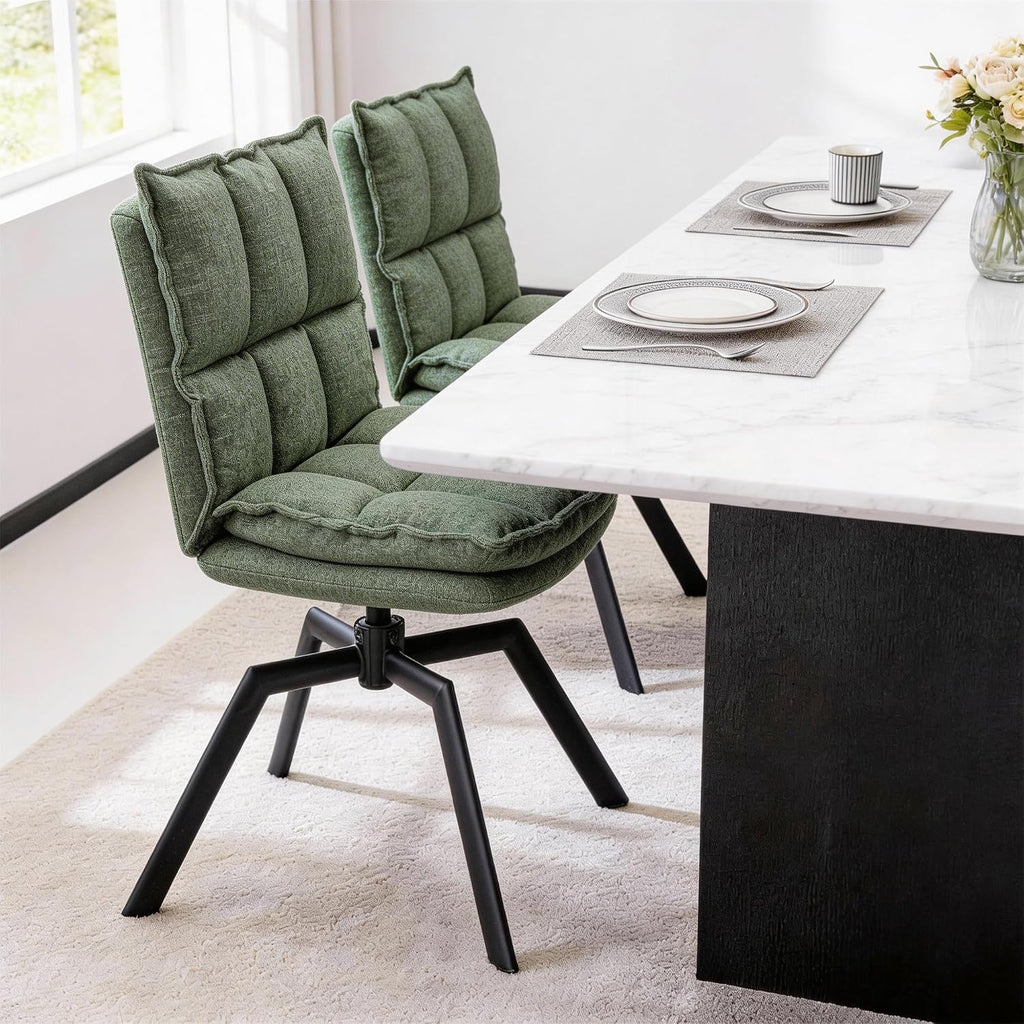 Swivel Dining Chairs Set of 6, Mid-Century Modern Chairs with Linen Fabric, High Back with High-Density Stuffed PP Cotton & Automatic Swivel Metal Legs, Suitable for Kitchen & Living Room(Green)