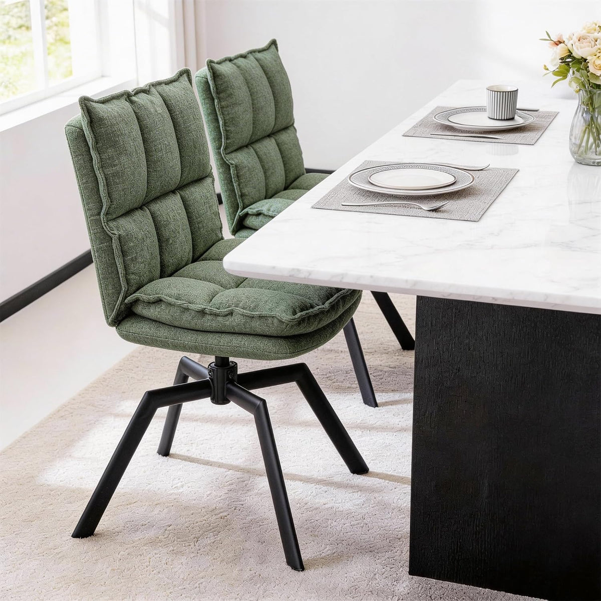 Swivel Dining Chairs Set of 6, Mid-Century Modern Chairs with Linen Fabric, High Back with High-Density Stuffed PP Cotton & Automatic Swivel Metal Legs, Suitable for Kitchen & Living Room(Green)