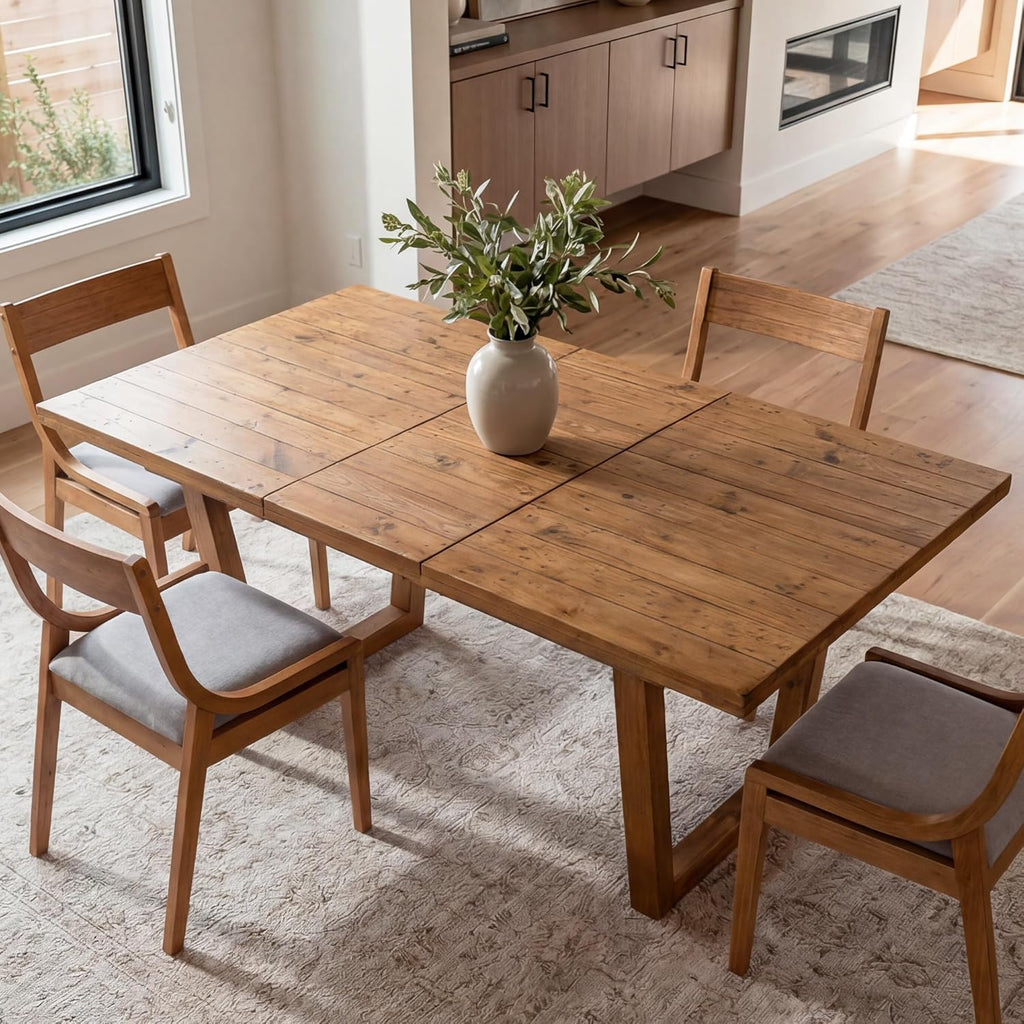 55-71'' Extendable Dining Table for 4 6 8, Reclaimed Pine Wood Kitchen Table with U-Shaped Leg, Rectangular Dining Room Table for Kitchen, Home Office, Living Room, Space Saving, Brown