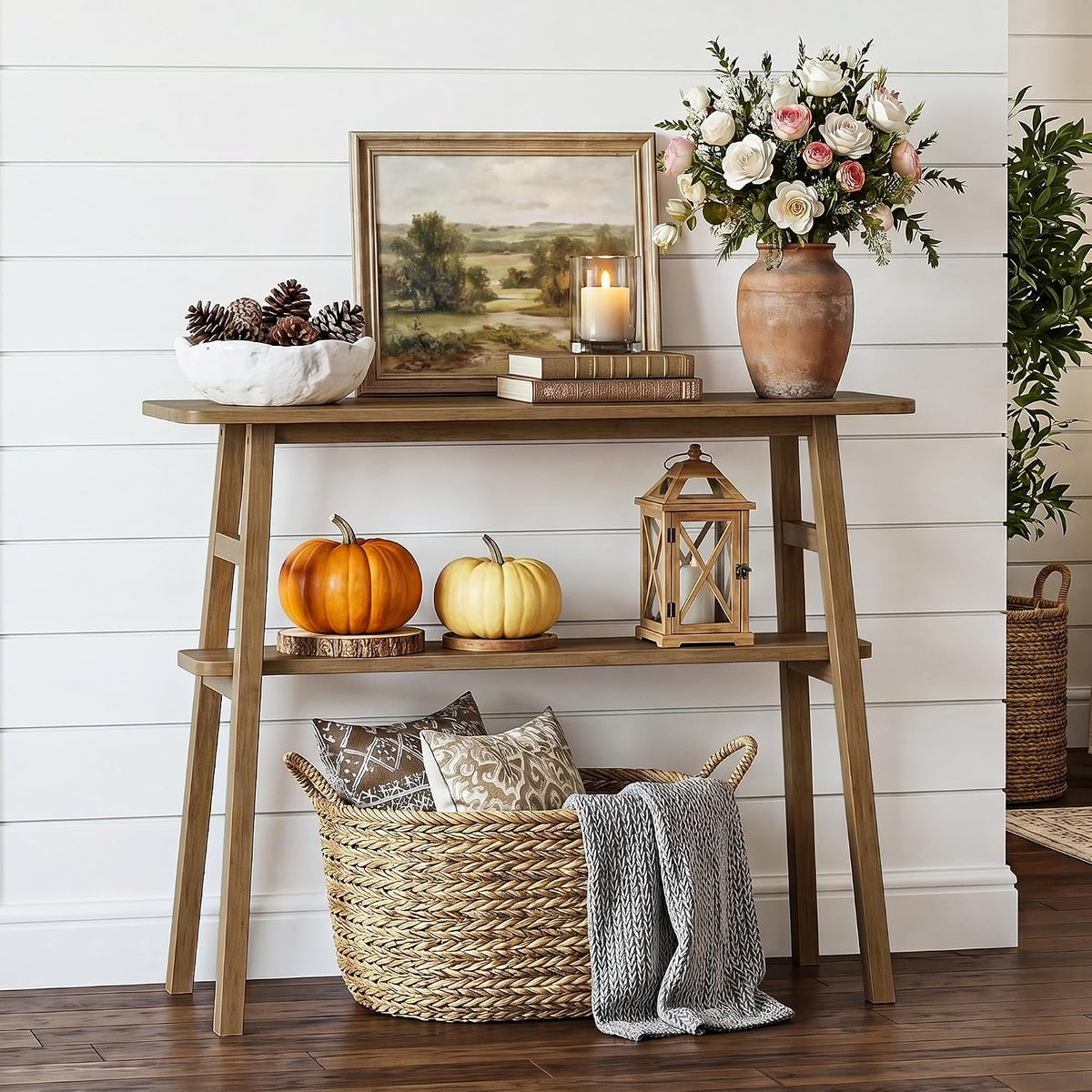 39.4" Solid Bamboo Entryway Console Table, Sofa Table Behind Couch, Narrow Bamboo Wood Entry Hallway Table with Storage Shelves for Living Room, Modern, Easy Assembly, Brown