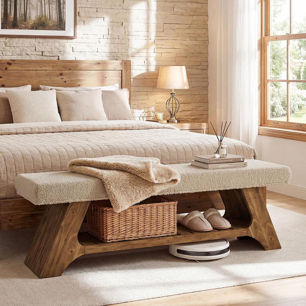 Tribesigns 55" Solid Wood Bench with Cushion and Shoe Storage, 2-Tier Upholstered Entryway Bench Farmhouse Entry Way Bench for Bedroom, Hallway, Natural Wood
