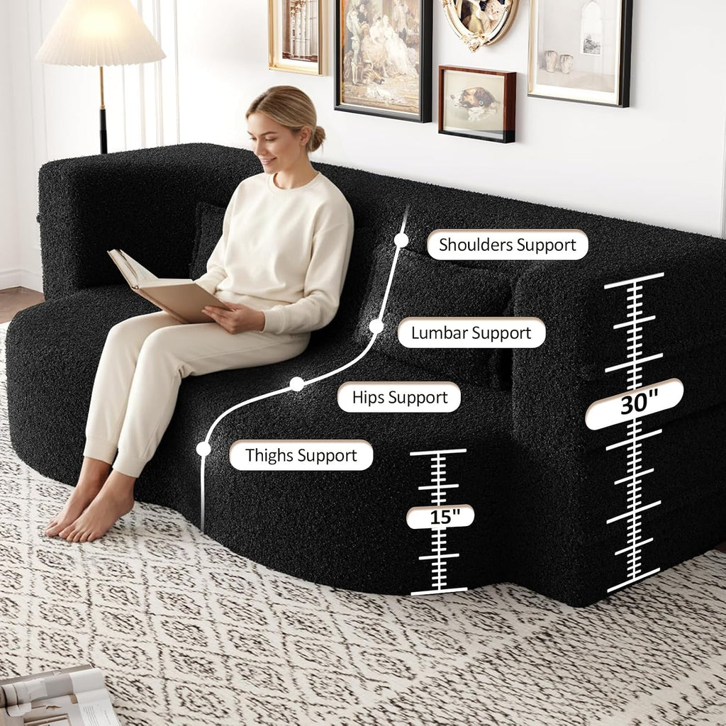 CAPCAEK Folding Sofa Bed,15" Full Size Couch for Living Room, Teddy Fabric Foam-Filled, Convertible Loveseat Sleeper Sofa Bed (Black-Teddy)