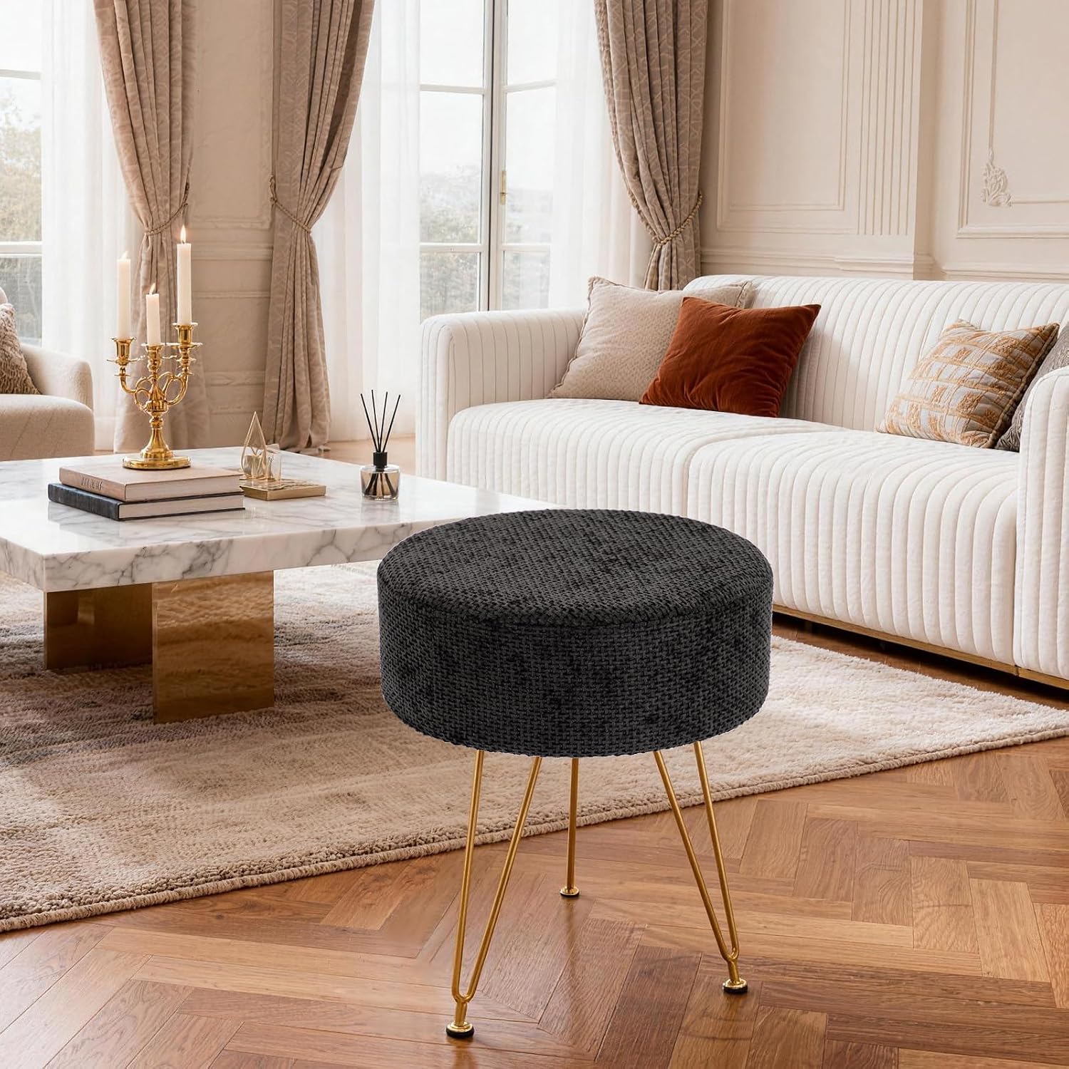 DUMOS Velvet Vanity Stool, 350LBS Heavy-Duty Makeup Stool with 4CM Thick Cushion, Round Ottoman Footrest Chair for Bedroom, Bathroom, Dressing Table, Easy-Clean Soft Fabric, Black