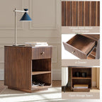 HULALA HOME Mid-Century Modern End Table with Drawer and Open Shelves, Solid Paulownia Wood Side Table, Brass Knob, No Assembly Required(Walnut)