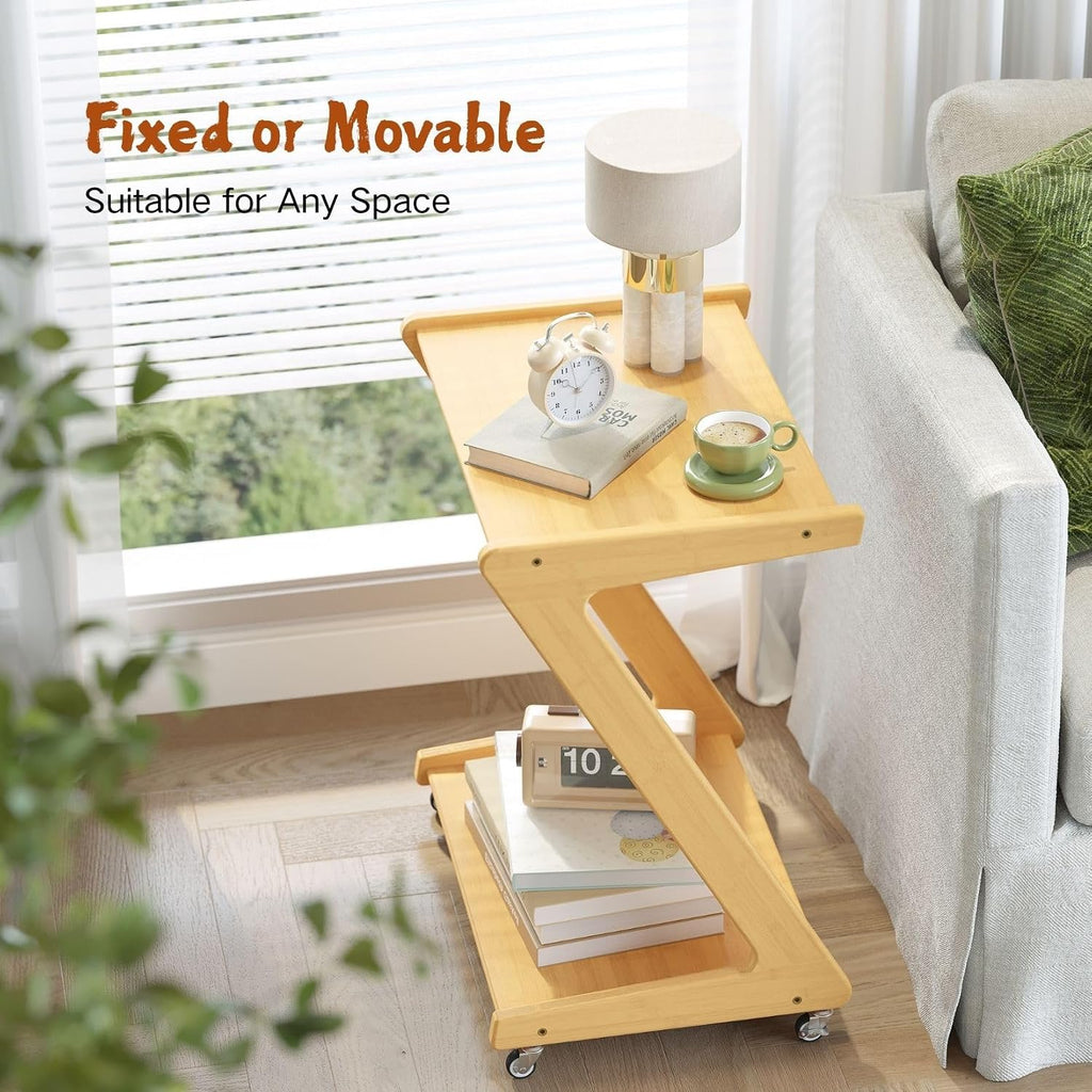 Auroral Zone Solid Wood Rolling Side Table with 2 Tiers, Mobile Z-Frame Snack Cart Or Coffee Table for Living Room, Bedroom & Sofa Use, Easy to Move