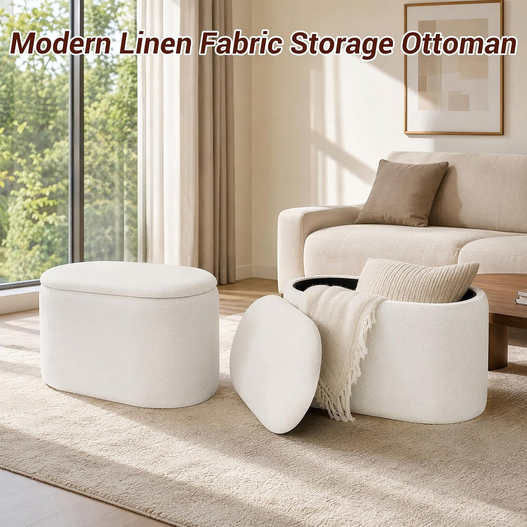 Oval Ottoman with Storage for Living Room, Modern Linen Fabric Foot Stools Ottoman, Upholstered Vanity Stool Foot Rest, Small White Storage Bench for Bedroom, Entryway, Dorm