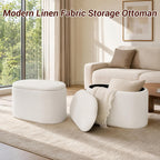 Oval Ottoman with Storage for Living Room, Modern Linen Fabric Foot Stools Ottoman, Upholstered Vanity Stool Foot Rest, Small White Storage Bench for Bedroom, Entryway, Dorm