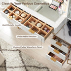 T4TREAM Fluted Makeup Vanity Desk with 36" HD Lighted Mirror, 48" Big Modern Vanity Desk with Mirror and Lights, Dressing Table with 5 Drawers & Shelves, Glass Top for Bedroom (Off White)