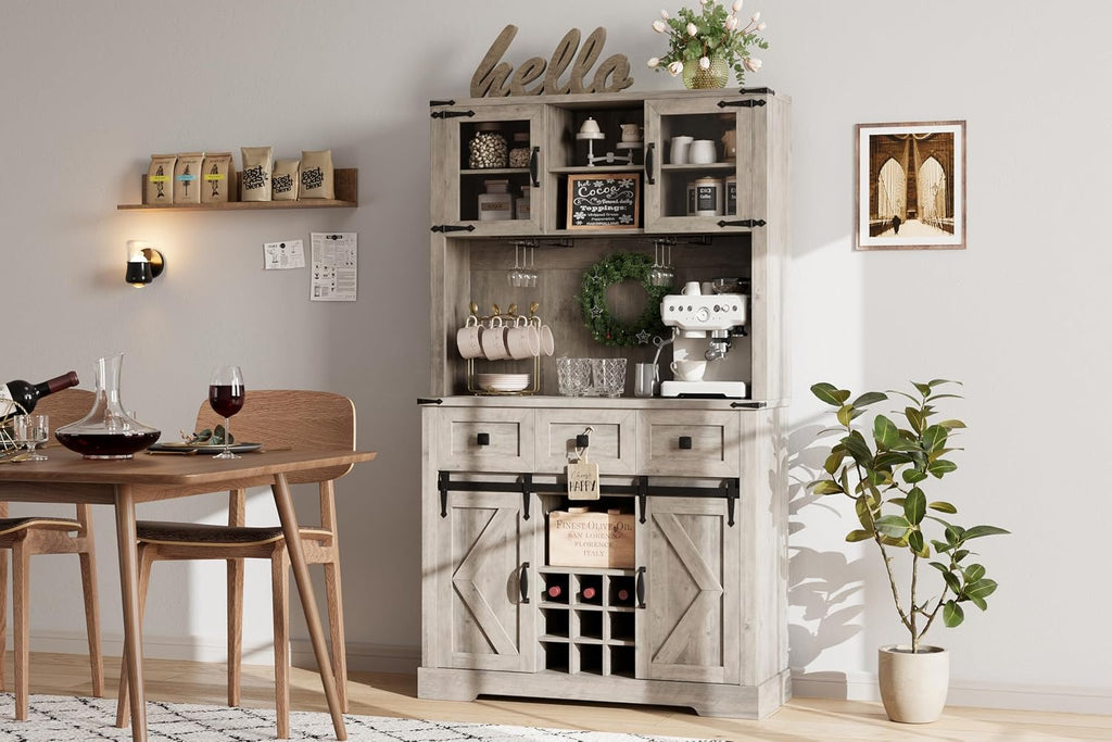 72" Kitchen Pantry Storage Cabinet with Hutch and Sliding Barn Door, Farmhouse Tall Buffet Cabinet with Drawers, Large Coffee Bar with Wine & Glasses Rack, for Home Living Room, Grey