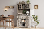 72" Kitchen Pantry Storage Cabinet with Hutch and Sliding Barn Door, Farmhouse Tall Buffet Cabinet with Drawers, Large Coffee Bar with Wine & Glasses Rack, for Home Living Room, Grey