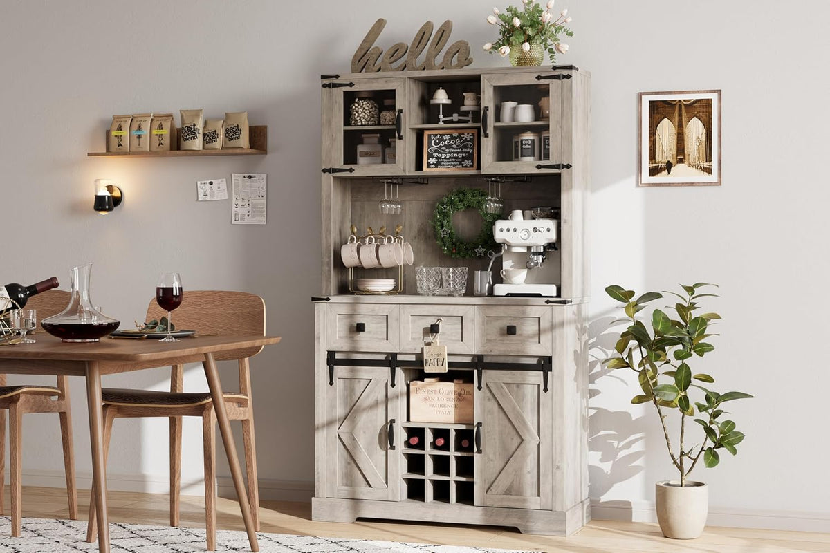72" Kitchen Pantry Storage Cabinet with Hutch and Sliding Barn Door, Farmhouse Tall Buffet Cabinet with Drawers, Large Coffee Bar with Wine & Glasses Rack, for Home Living Room, Grey