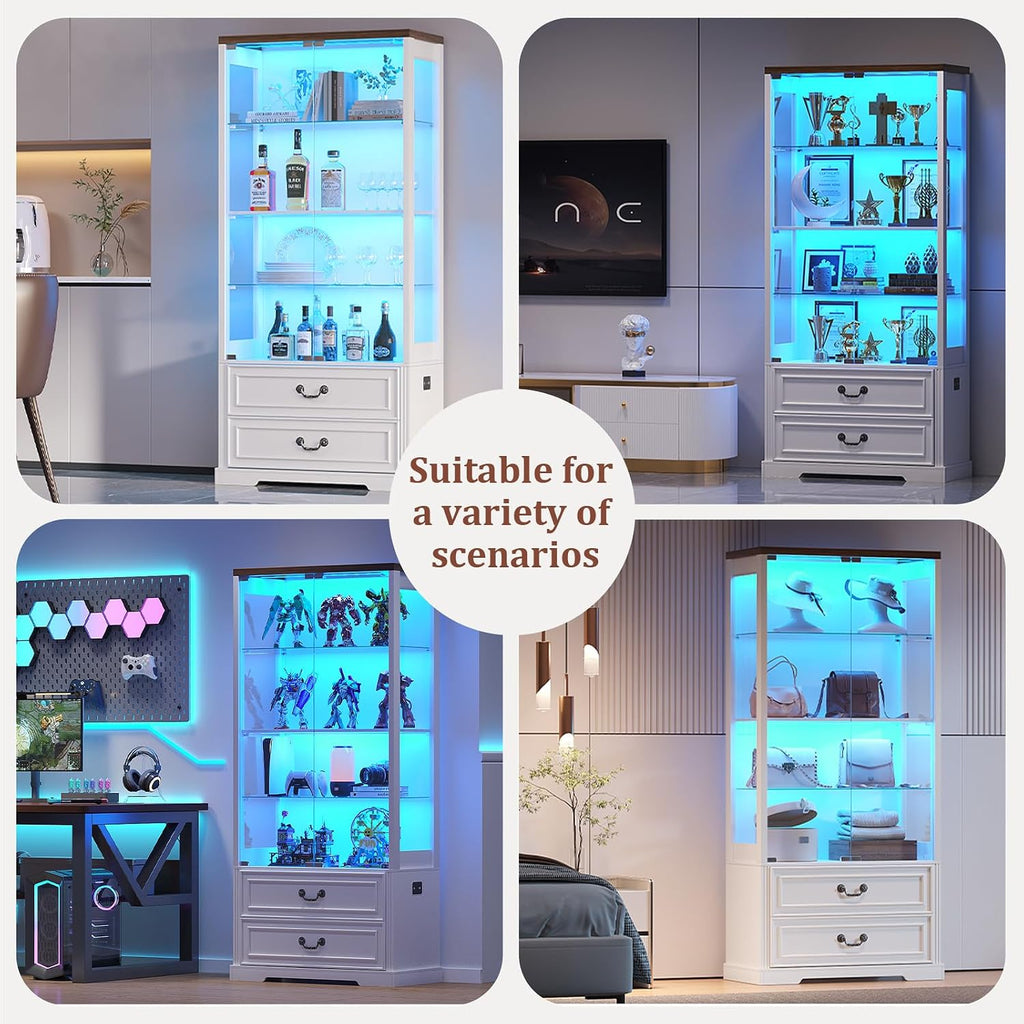 FREDEES 4-Tier Glass Display Cabinet with 2 Drawers