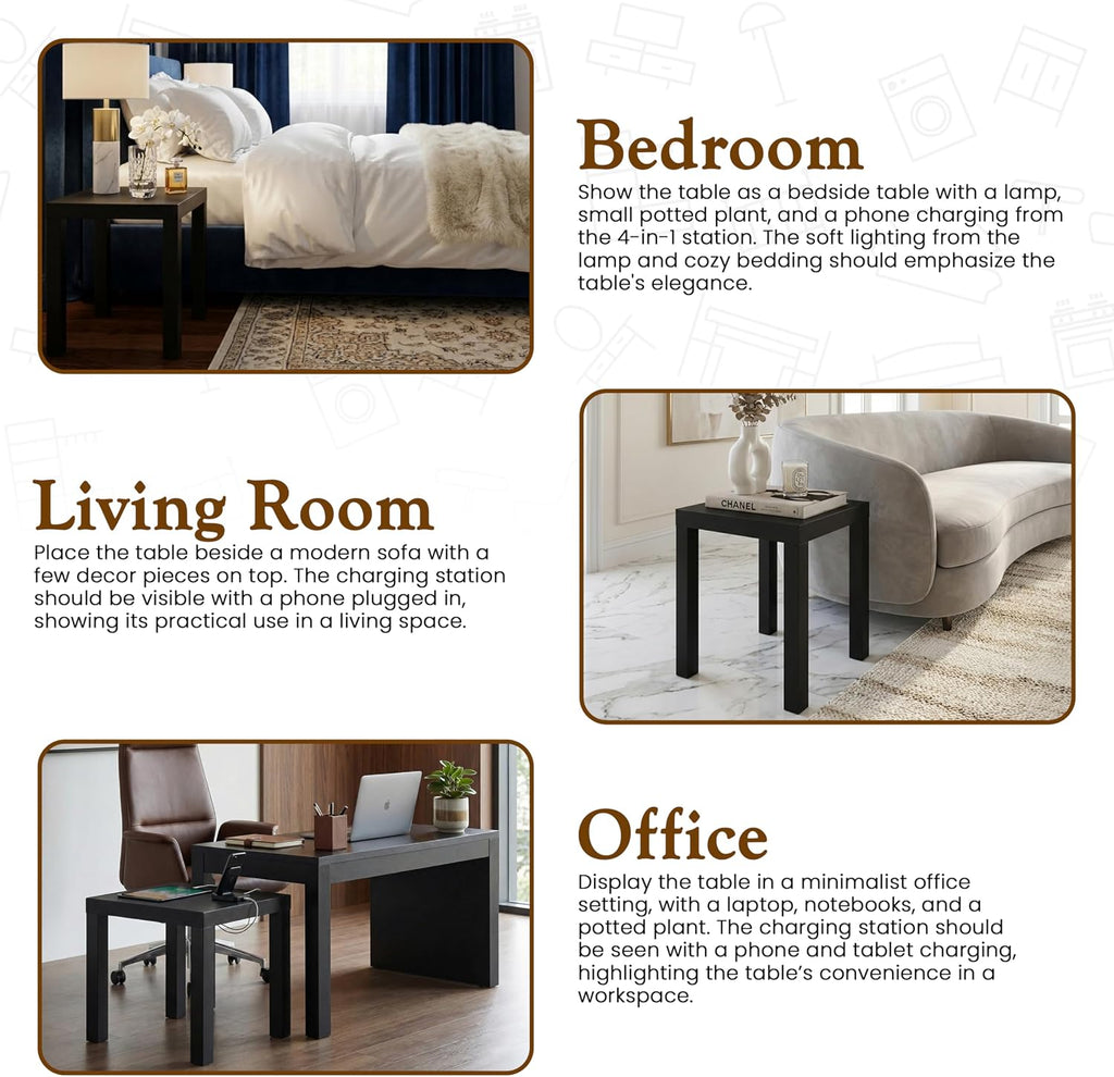 Kings Brand Furniture Zayne Modern Square Wood Parsons Side End Table for Bedside Use, Nightstand, Bedroom, Living Room, or Office (Black)