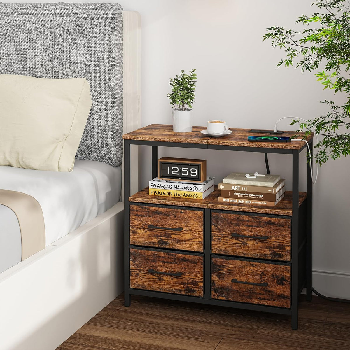 TUTOTAK Large Night Stand with Charging Station, Nightstand with USB and Type-C Port, Bedside Table with Cloth Drawers, End Table for Livingroom, Bedroom, Brown TB01BB081