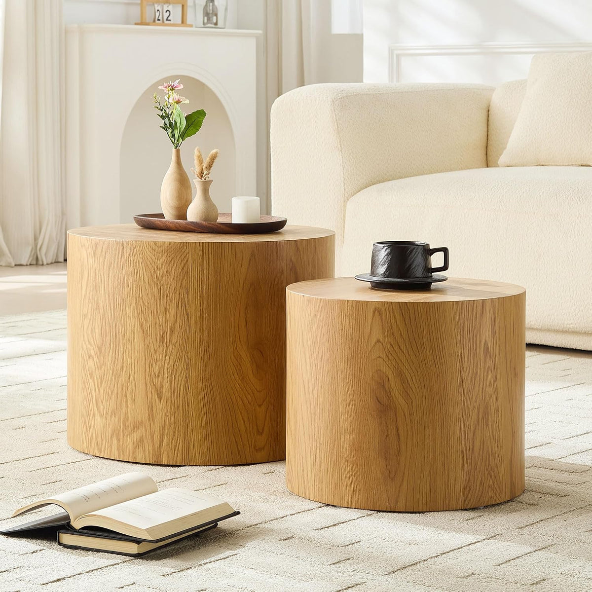 Nesting Coffee Table Set of 2, Modern Round Coffee Table, Accent Side Tables for Small Spaces Living Room Office,Wood