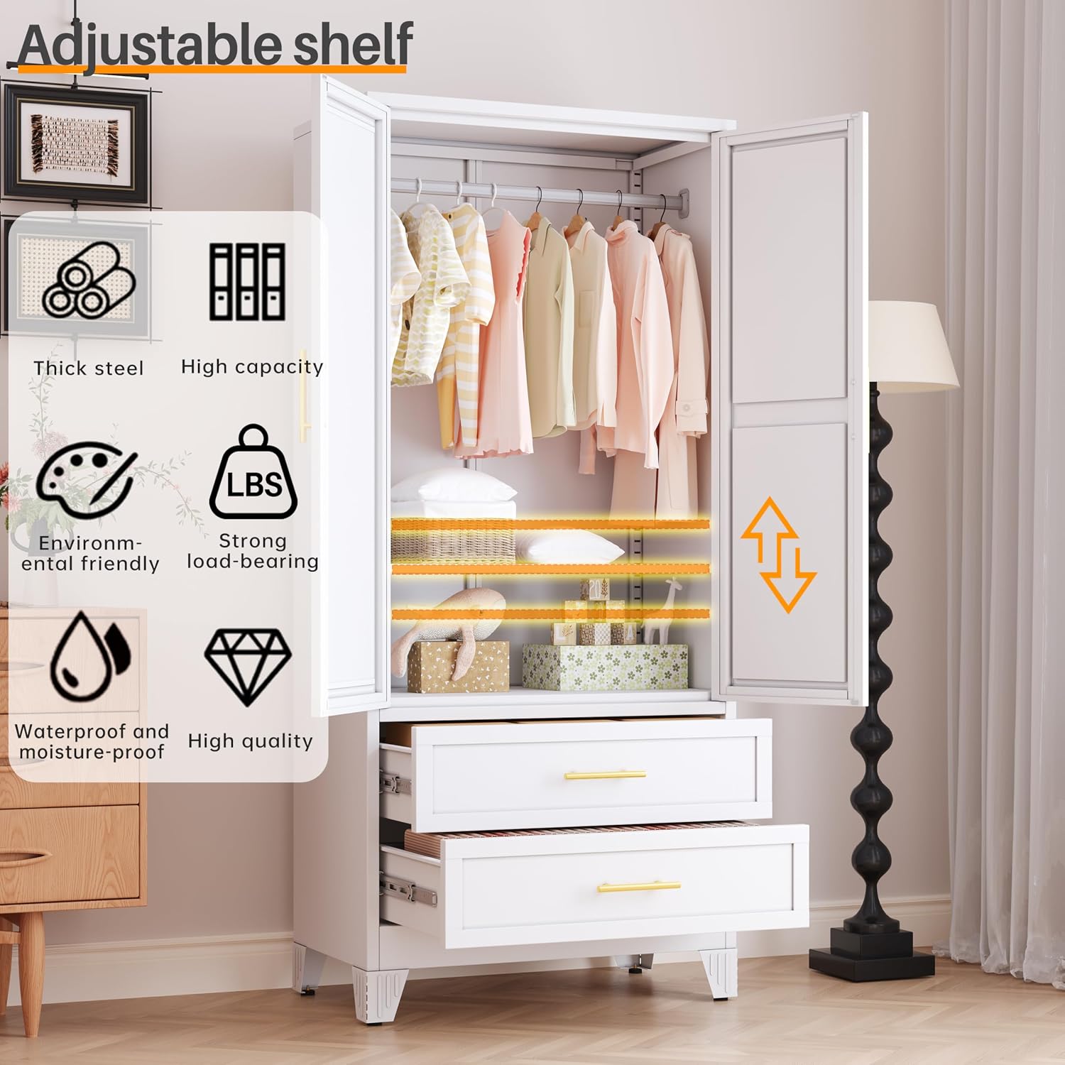 RIETERN Metal Armoire Wardrobe Closet, 71" Tall Bedroom Closet with Mirror | 2 Drawers, Adjustable Shelves, and Hanging Rod, Steel clothes closets and Storage, for Bedroom White