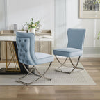 WUTUTUEE Luxury Velvet Dining Chairs, Tufted Upholstered Armless Accent Chairs with Silver Metal X-Legs, Modern Glam Dining Room Chair Set of 2, Light Blue