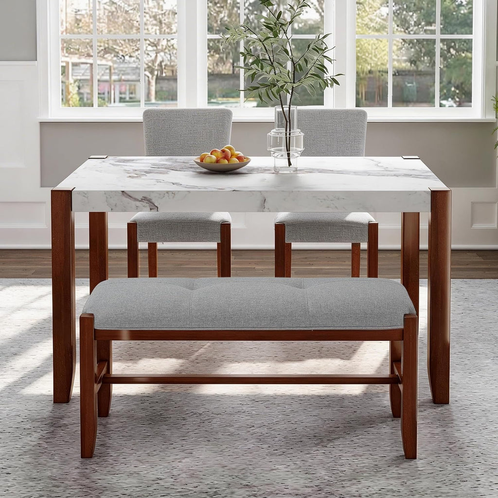 Merax 4 Piece Dining Table Set, Faux Marble Table and 2 Upholstered Chairs 1 Bench, 4 Person Dinette Set for Kitchen, Dining Room, Space-Saving, Gray
