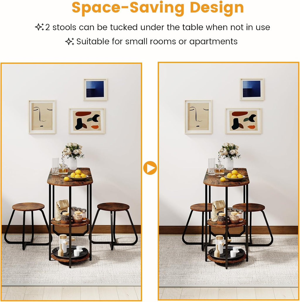 GOFLAME 3-Piece Dining Table Set, Wooden Industrial Kitchen Table and 2 Stools with 2-Tier Storage Shelves and Metal Frame, Space Saving Dinette Set for Living Room, Breakfast Nook, Rustic Brown