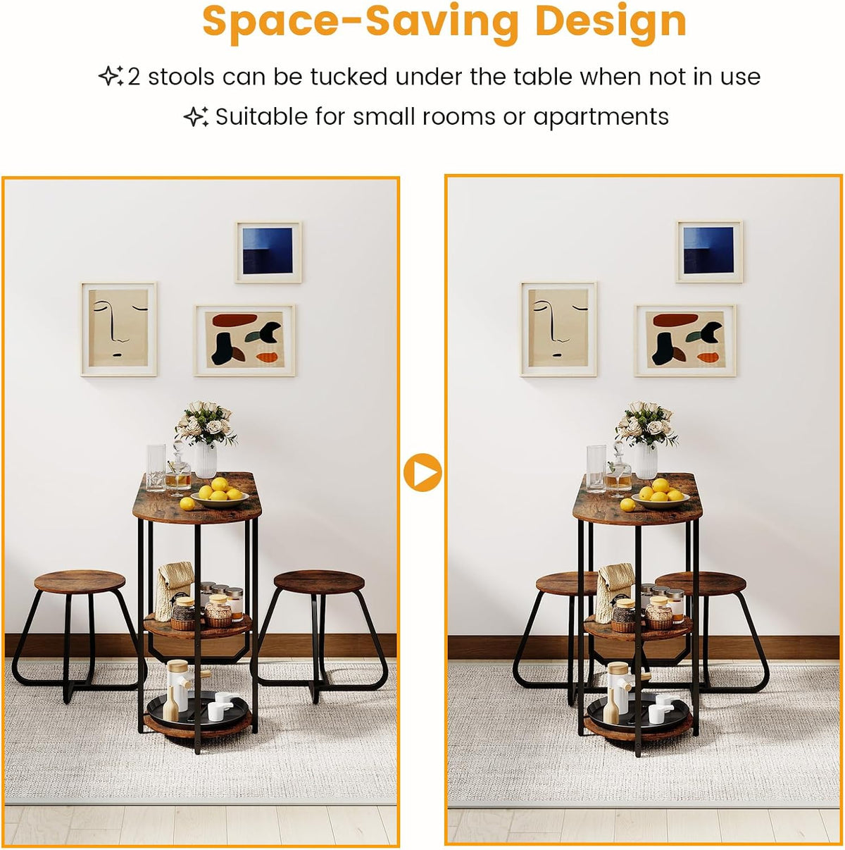 GOFLAME 3-Piece Dining Table Set, Wooden Industrial Kitchen Table and 2 Stools with 2-Tier Storage Shelves and Metal Frame, Space Saving Dinette Set for Living Room, Breakfast Nook, Rustic Brown