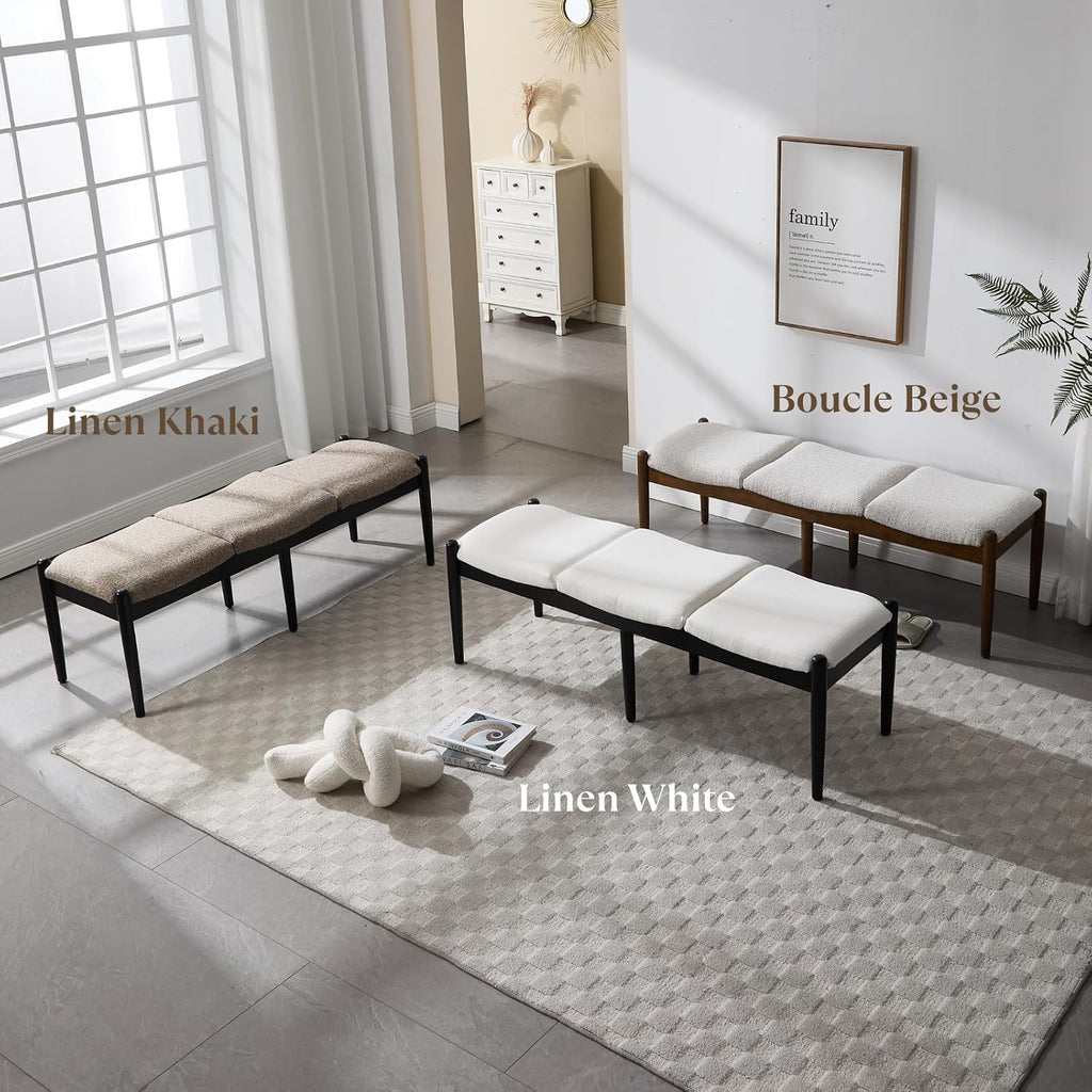 CIMOTA Modern Linen End of Bed Bench, Upholstered Bedroom Ottoman Bench Entryway Bench for Hallway/Dress Room/Living Room, Window Ottoman Bench with Solid Wood Legs, 54 Inch Long, White