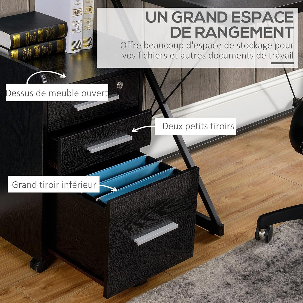 HOMCOM Office Desk Storage Cabinet on Wheels 3 Drawers 1 Lockable 1 Sorter File Folder Wooden Black