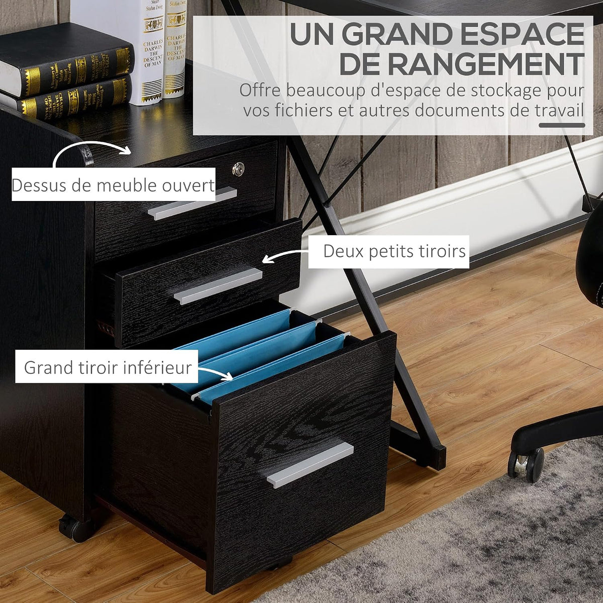 HOMCOM Office Desk Storage Cabinet on Wheels 3 Drawers 1 Lockable 1 Sorter File Folder Wooden Black