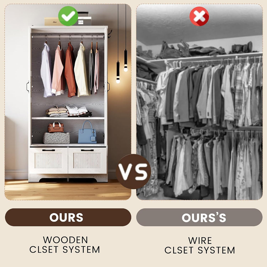 ANCTOR 71" Wooden Armoire Wardrobe Closet with 2 Drawers & Hanging Rod | Freestanding Clothing Storage Cabinet with 2 Doors and Shelves, White