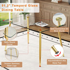 Ebullient Glass Dining Table Set for 6, 51" Clear Tempered Glass Table with Gold Chrome Metal Legs and 6 Transparent Acrylic Chairs, Compact Modern Kitchen Table Set for Small Space Dining Room