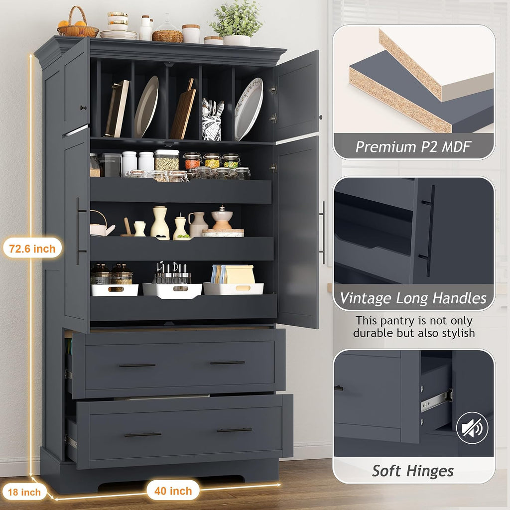 Farmhouse Freestanding Kitchen Pantry, 72.6''H Tall Wooden Kitchen Storage Cabinet with 2 Doors, Pull-out Trays, 2 Drawers and Cake Pan Storage Organizer for Dining Room Living Room (Grey-1.12)
