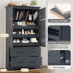 Farmhouse Freestanding Kitchen Pantry, 72.6''H Tall Wooden Kitchen Storage Cabinet with 2 Doors, Pull-out Trays, 2 Drawers and Cake Pan Storage Organizer for Dining Room Living Room (Grey-1.12)