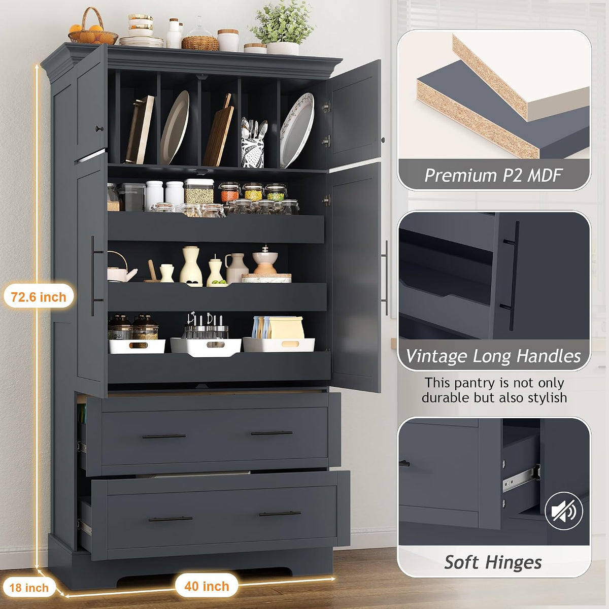 Farmhouse Freestanding Kitchen Pantry, 72.6''H Tall Wooden Kitchen Storage Cabinet with 2 Doors, Pull-out Trays, 2 Drawers and Cake Pan Storage Organizer for Dining Room Living Room (Grey-1.12)