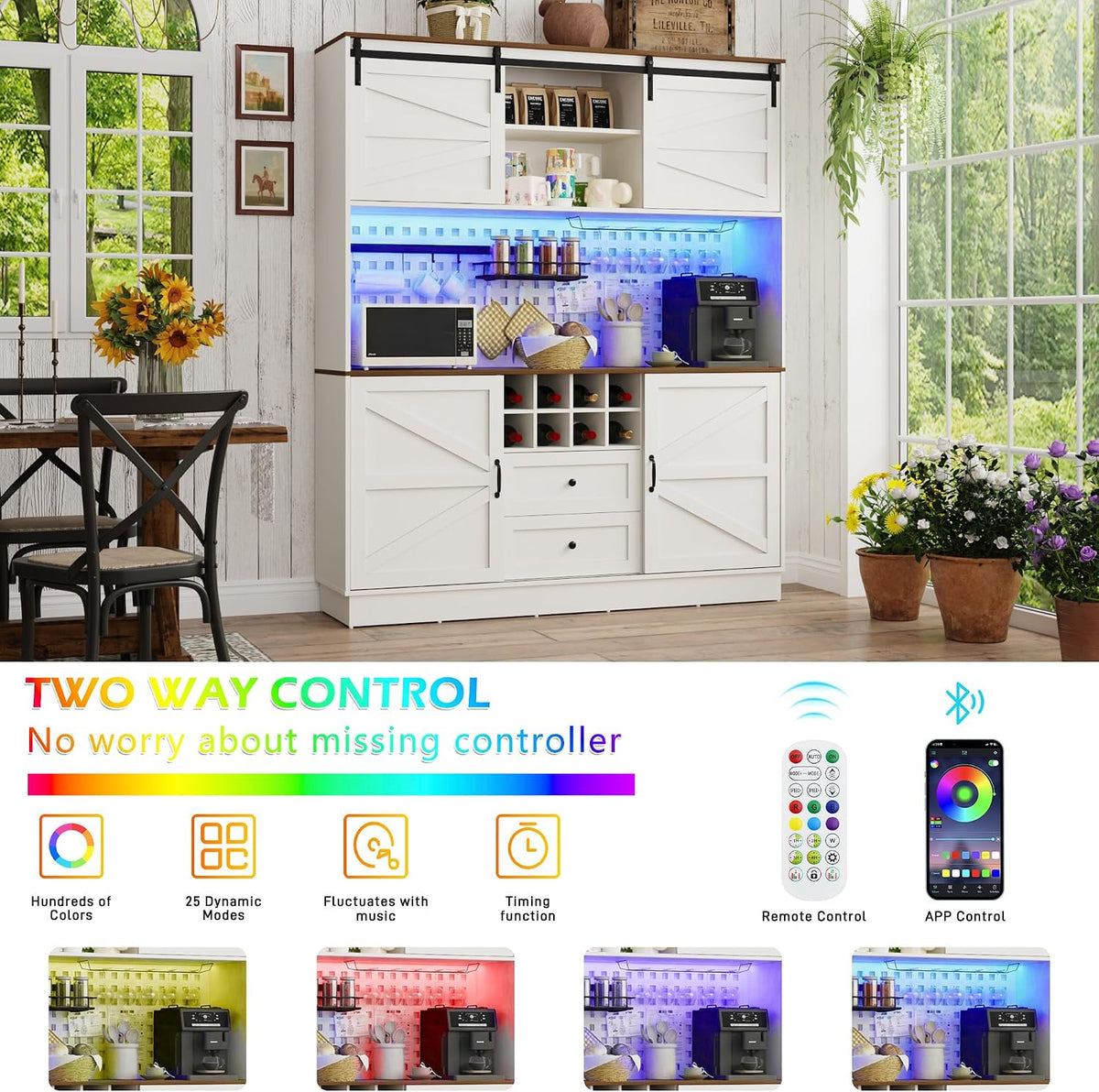 75”Tall 63"W Extra Large Farmhouse Kitchen Storage Pantry Hutch Cabinet w/Power Outlet,Pegboard,Coffee Bar Cabinets,LED Light,Microwave Shelf,Wine Rack,4 Barn Doors,2 Drawers, Dining Room,Black