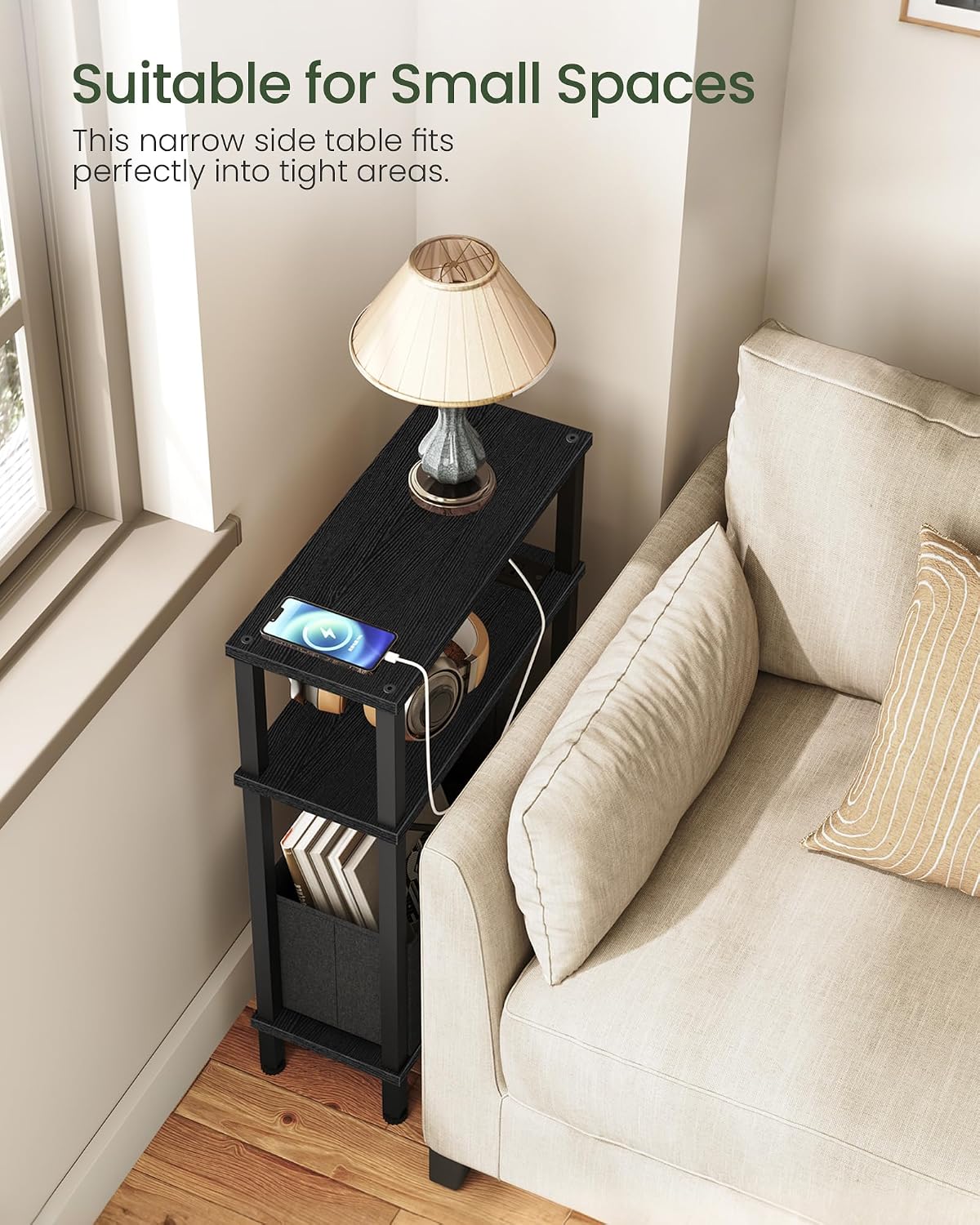 CHOEZON Set of 2 End Tables with Charging Station, Narrow Side Table for Small Spaces, Slim Nightstand with Basket, Skinny Bedside Table, for Living Room, Bedroom, Black TBZ07UP2BBN1