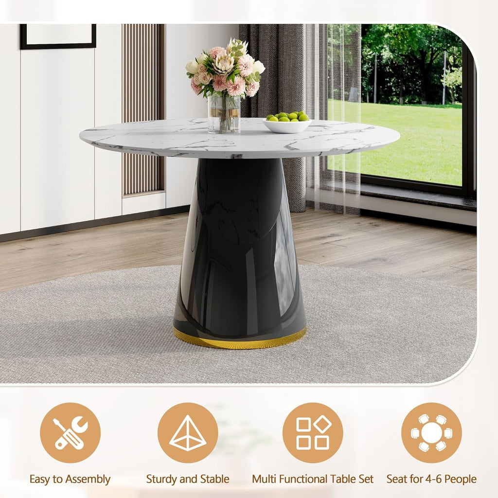 Round Dining Table Set for 4, 45''Marble Grain Dining Room Table Set for 4 with Upholstered Chairs, Modern Dinner Table Set for Kitchen Dining Room